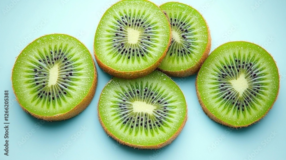 Fototapeta premium Fresh kiwi slices arranged on a light teal surface