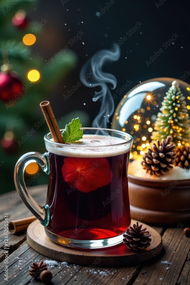 A steaming mug of mulled wine next to a snow globe filled with glittering snowflakes and pinecones, pinecones, winter A steaming mug of mulled wine next to a snow globe filled with glittering snowflakes and pinecones, pinecones, winter