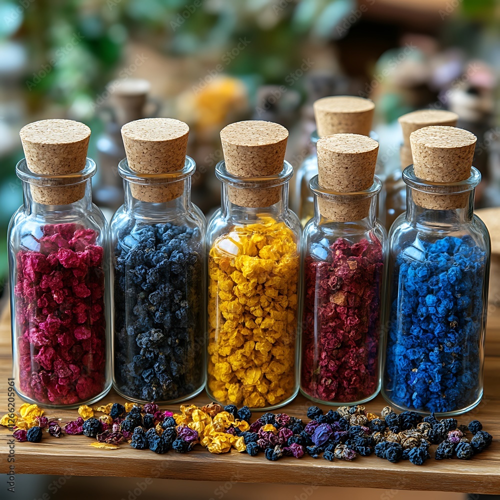 Colorful dried flowers in glass jars, kitchen setting Colorful dried flowers in glass jars, kitchen setting