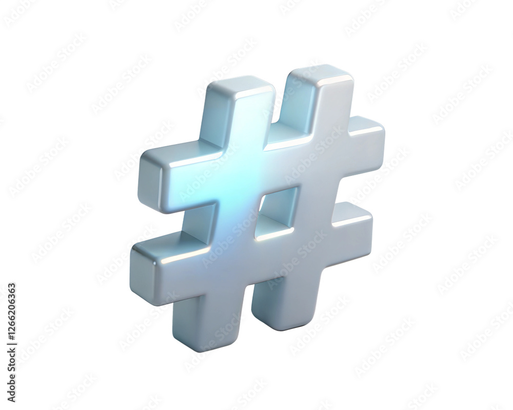 Obraz premium A sleek, modern 3D holographic icon of a hashtag symbol with a soft, shiny finish, isolated on white background. This minimalist design is perfect for social media, communication, and digital trends.