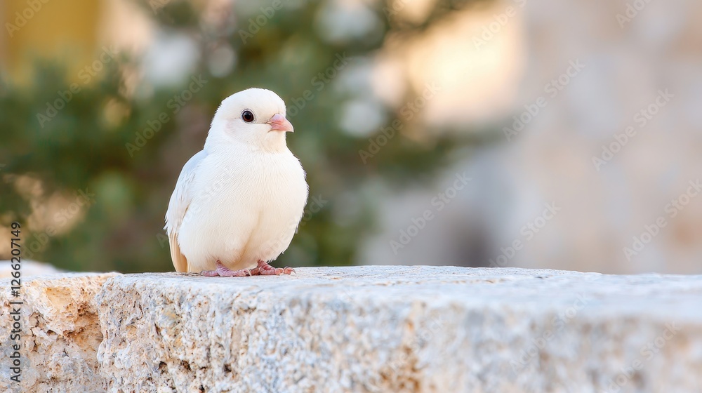 Obraz premium White dove perched on stone wall, peaceful garden background, symbol of peace