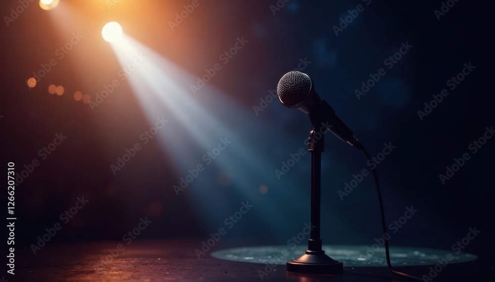 Obraz premium Dramatic stage microphone spotlight shines brightly on the mic stand , cabaret, curtains