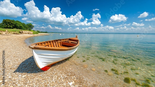 Wooden boat resting on a pebbly beach by clear blue water under sunny fluffy clouds, copy space for placing text. photo