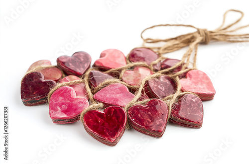 A Valentine's Day-themed garland of red and pink hearts, tied with twine or string against a white background