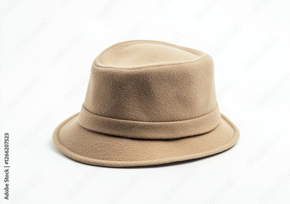 A stylish beige felt fedora hat rests on a white background A stylish beige felt fedora hat rests on a white background