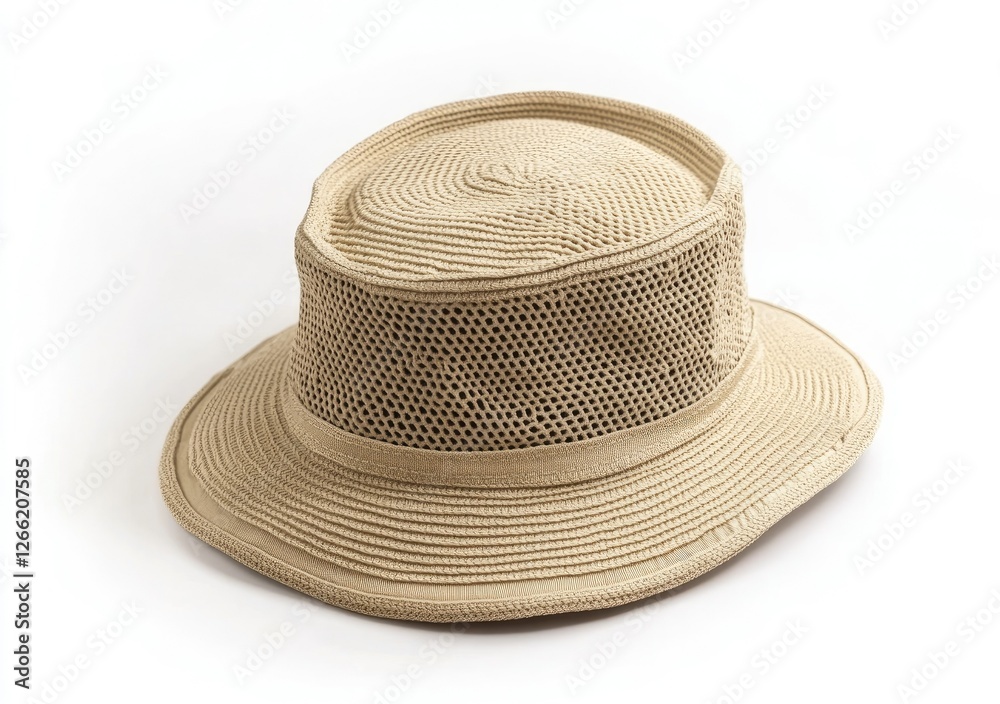 A Beige Knitted Mesh Sun Hat with a Wide Brim A Beige Knitted Mesh Sun Hat with a Wide Brim