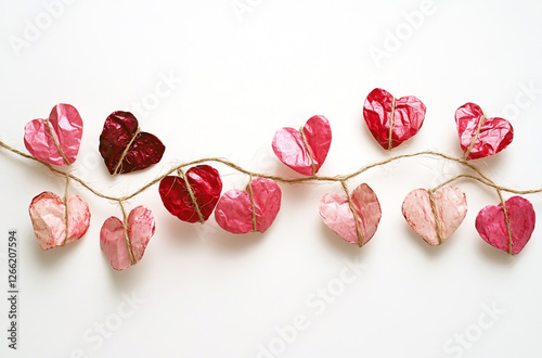 A Valentine's Day-themed garland of red and pink hearts, tied with twine or string against a white background