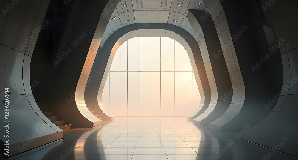 Fototapeta premium A spacious corridor with sleek, curved walls leads to a bright entrance, where sunlight creates a soft glow on the polished floor. The atmosphere is calm and inviting.