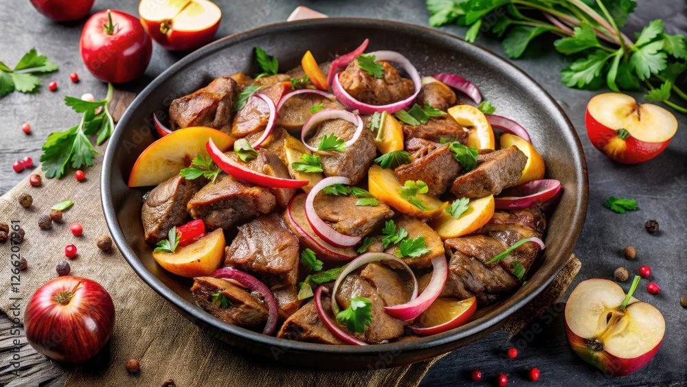 Close-up of fried liver with onions and apples on a concrete background, food, dish, meal, dinner, fried liver, onions Close-up of fried liver with onions and apples on a concrete background, food, dish, meal, dinner, fried liver, onions