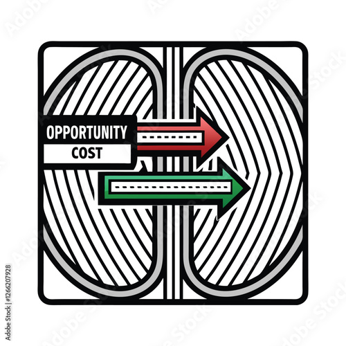 Visually represent opportunity cost using a vector illustration; show two diverging paths, one representing a chosen option, the other a forgone opportunity.