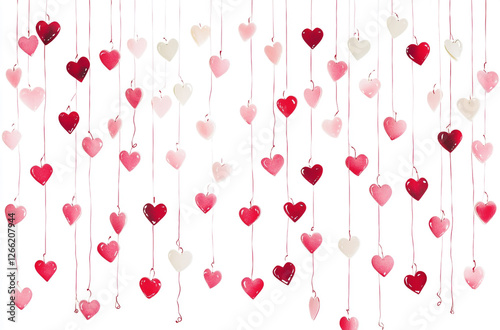 A white background with pink and red hearts on strings, cute Valentine's Day decorations, heart garland decoration, heart shapes hanging from strings, cute Valentine backdrop, white background