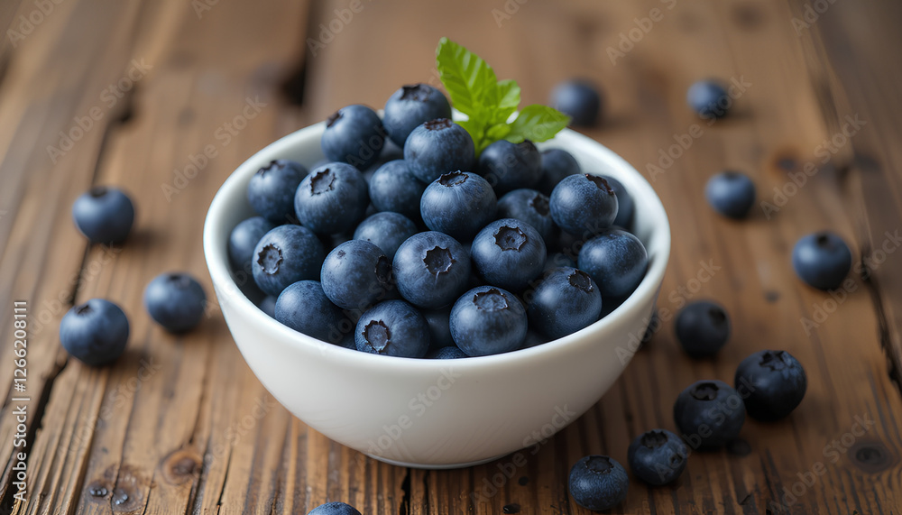 A bowl of fresh blueberries placed on a rustic wooden table, conveying natural freshness and healthy eating. Ideal for themes of nutrition, summer fruits, and clean eating A bowl of fresh blueberries placed on a rustic wooden table, conveying natural freshness and healthy eating. Ideal for themes of nutrition, summer fruits, and clean eating