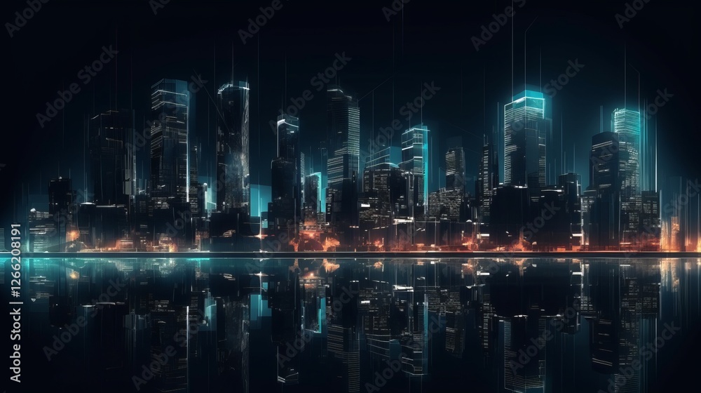 Fototapeta premium Futuristic city skyline illuminated at night with reflections on water