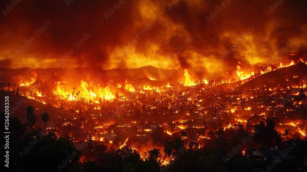 Wildfire engulfing hillside homes and vegetation Wildfire engulfing hillside homes and vegetation