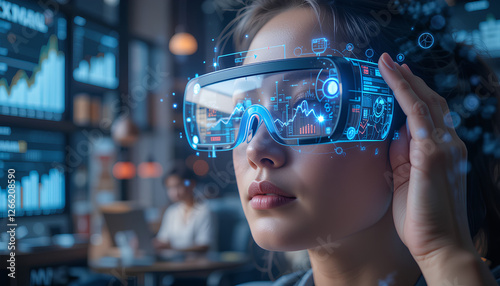 Woman Using Futuristic VR Glasses with Holographic Interface in Modern Workplace