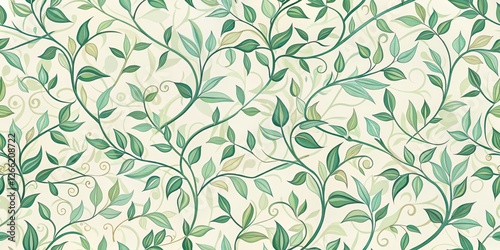 Elegant Seamless Pattern of Intertwined Green Leaves and Delicate Vines on a Pale Background