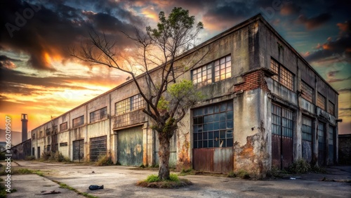 Abandoned Factory Building at Sunset with Weathered Walls and a Solitary Tree