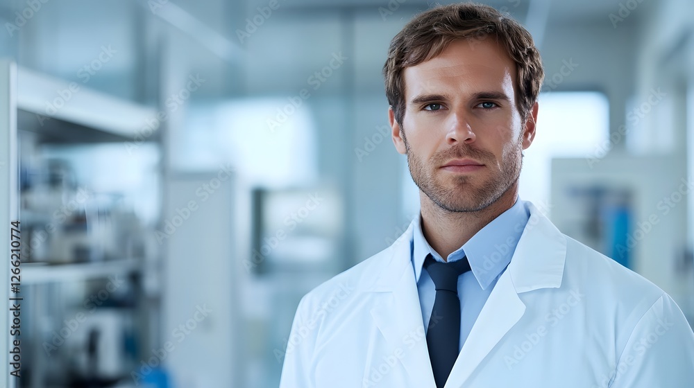 Obraz premium Focused male scientist in lab coat embodies dedication to scientific discovery