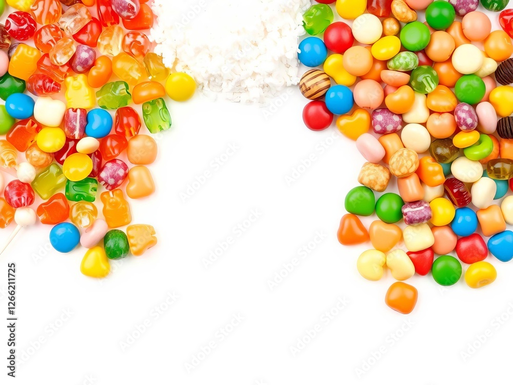 A colorful composition of a variety of delicious candies arranged neatly on a clean white background, assortment, different, snacks A colorful composition of a variety of delicious candies arranged neatly on a clean white background, assortment, different, snacks