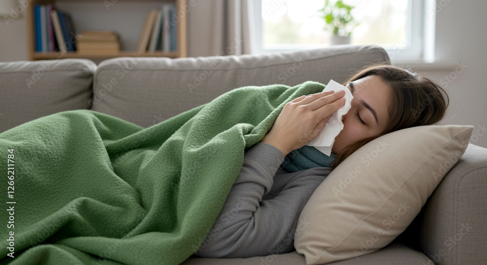 Woman lying down on couch with tissue. Sick woman covered with blanket resting on sofa. Woman with cold lying on couch Woman lying down on couch with tissue. Sick woman covered with blanket resting on sofa. Woman with cold lying on couch