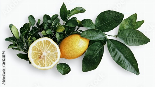 Wallpaper Mural Fresh Lemons with Leaves  Citrus Fruit  Healthy Food  Vitamin C   White Background   Organ Torontodigital.ca