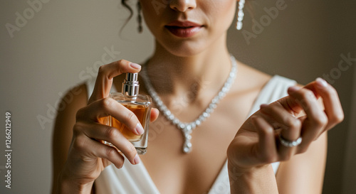 Wallpaper Mural Perfume bottle application by woman. Woman applying perfume on wrist with jewelry and earrings. Perfume application Torontodigital.ca