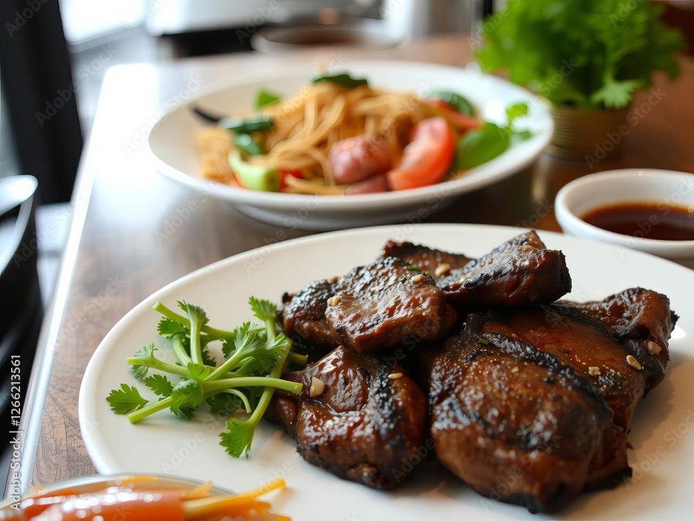 A plate of classic Asian cuisine featuring juicy meat dishes displayed elegantly on a decorative background banner, restaurant, banner, gourmet A plate of classic Asian cuisine featuring juicy meat dishes displayed elegantly on a decorative background banner, restaurant, banner, gourmet