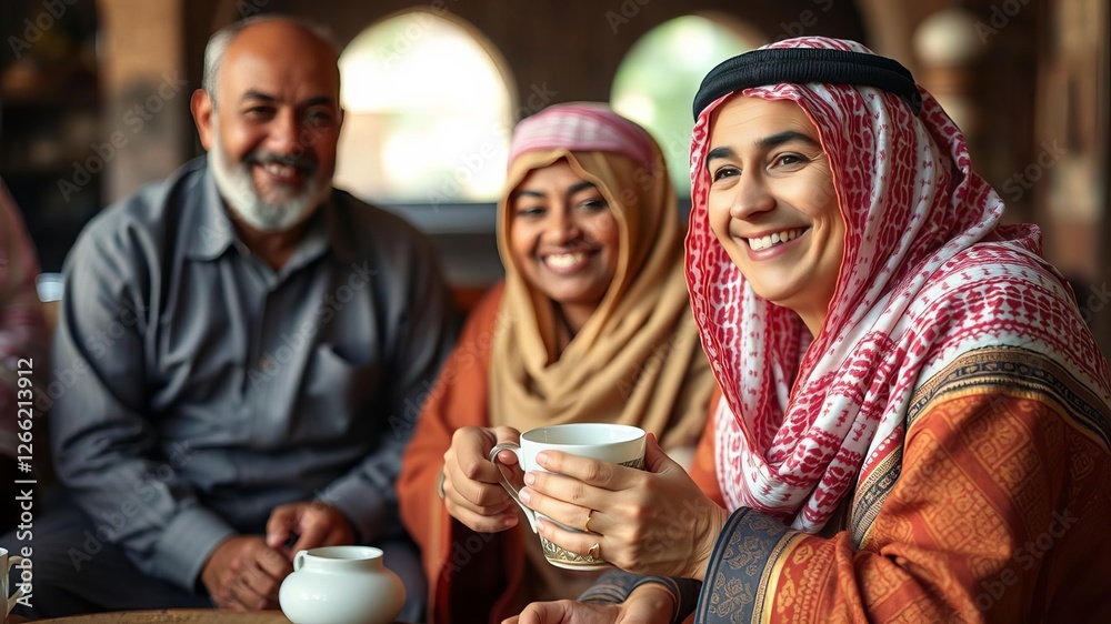 Arab man smiling while drinking tea, facing camera, smiling, culture, ethnic Arab man smiling while drinking tea, facing camera, smiling, culture, ethnic