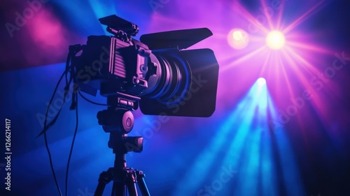 An oncamera talent reading a script projected from a compact teleprompter mounted on a tripod surrounded by studio lights and a backdrop illustrating the seamless integration of technology