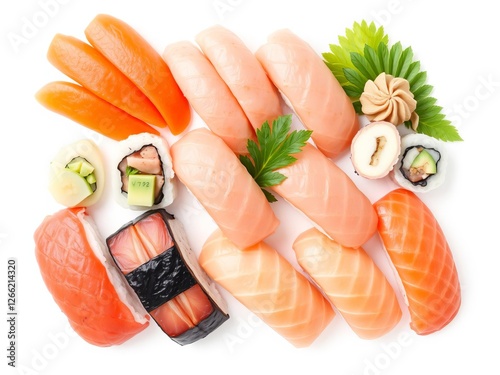 Assorted sushi pieces arranged neatly on a white background, perfect for a food blog or menu design, fresh, collection, raw photo