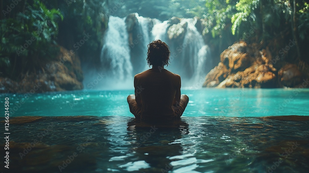 Fototapeta premium Woman meditates by jungle waterfall (1)