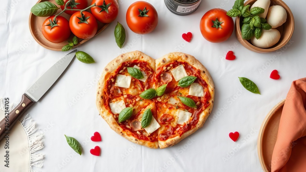 Heart shaped pizza on wooden table covered with red checkered cloth, concept, crust, pizza
