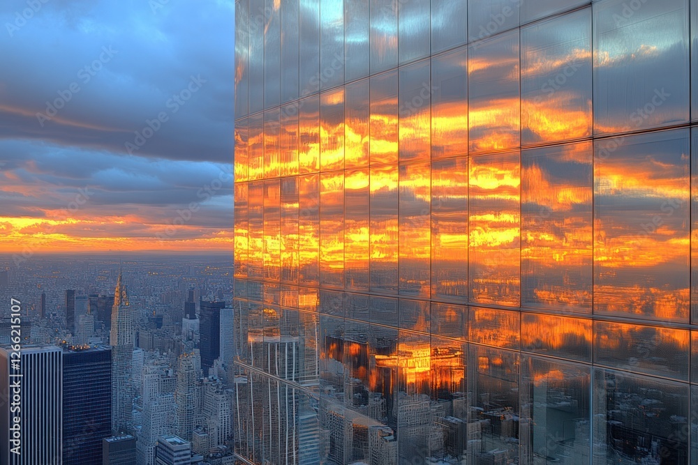 Fototapeta premium Fiery Sunset Reflected in Manhattan Skyscraper