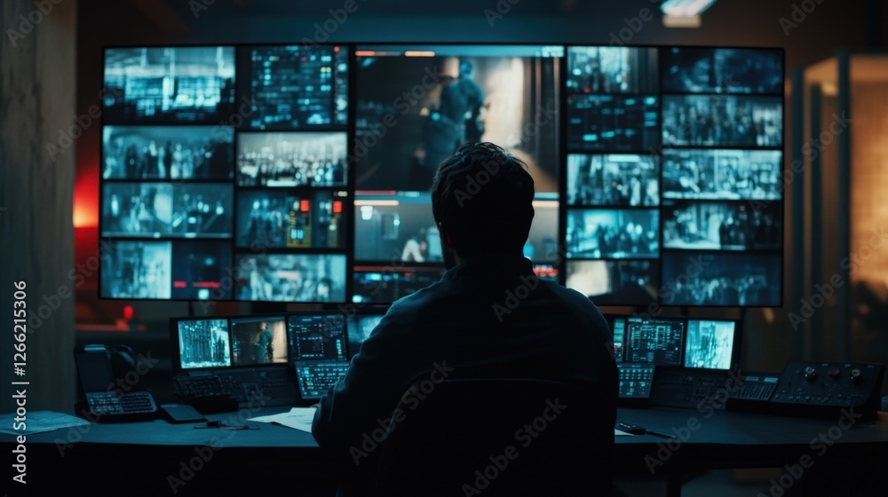 Professional filmmaker working late in a modern cinematic post production studio, using multiple monitors and advanced technology to skillfully edit and enhance film footage Professional filmmaker working late in a modern cinematic post production studio, using multiple monitors and advanced technology to skillfully edit and enhance film footage