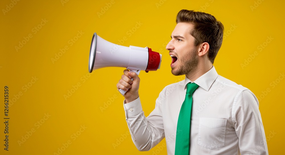 Megaphone business man shouting in megaphone. Man in business shirt with megaphone. Business man with megaphone on yellow background Megaphone business man shouting in megaphone. Man in business shirt with megaphone. Business man with megaphone on yellow background