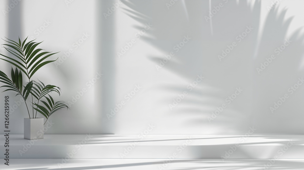 Stylish indoor plant casting playful shadows against a minimalist white wall in bright, natural light Stylish indoor plant casting playful shadows against a minimalist white wall in bright, natural light