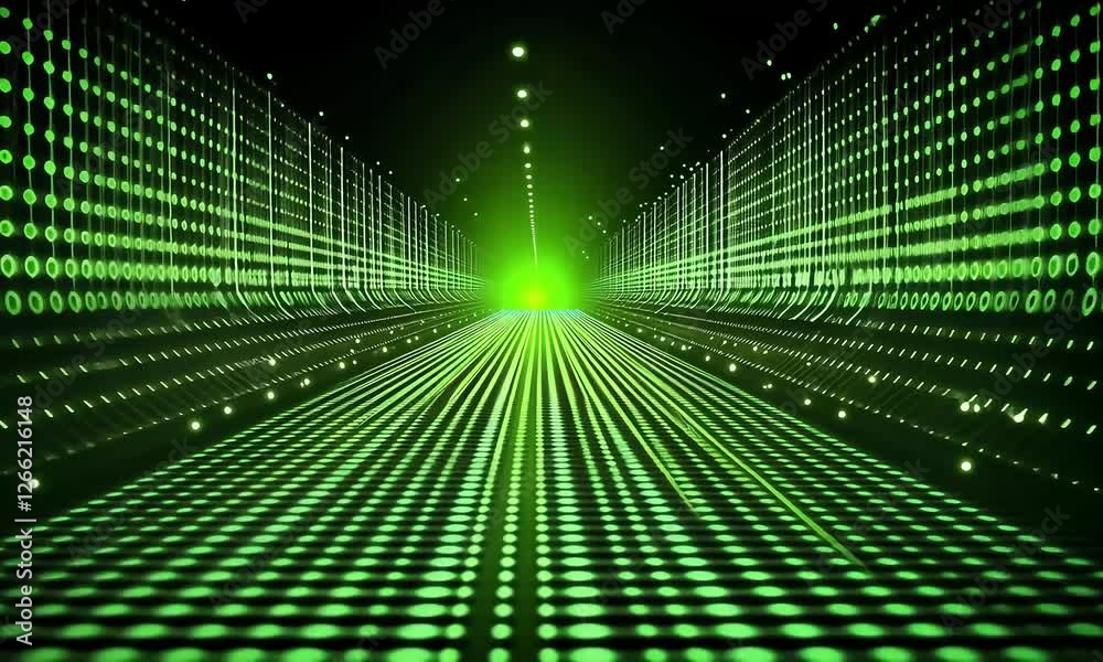 Green digital tunnel, glowing path, binary code background, futuristic tech concept