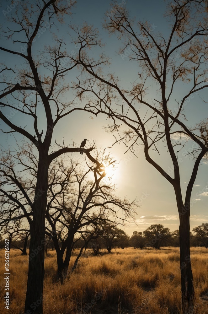 Silhouetted trees against a sunset, with a bird perched on a branch. Silhouetted trees against a sunset, with a bird perched on a branch.