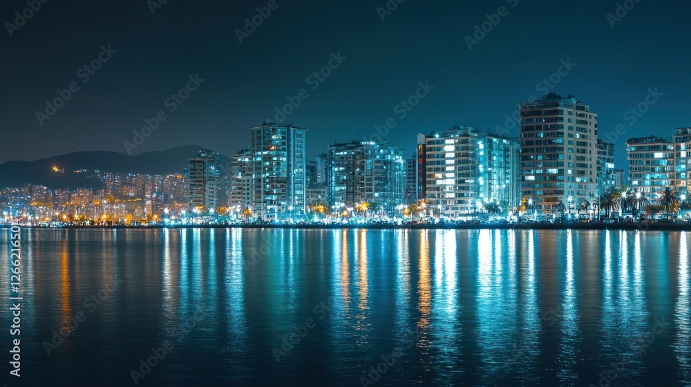 Obraz premium Night Lights Cityscape: Coastal Buildings Reflecting on Serene Waters