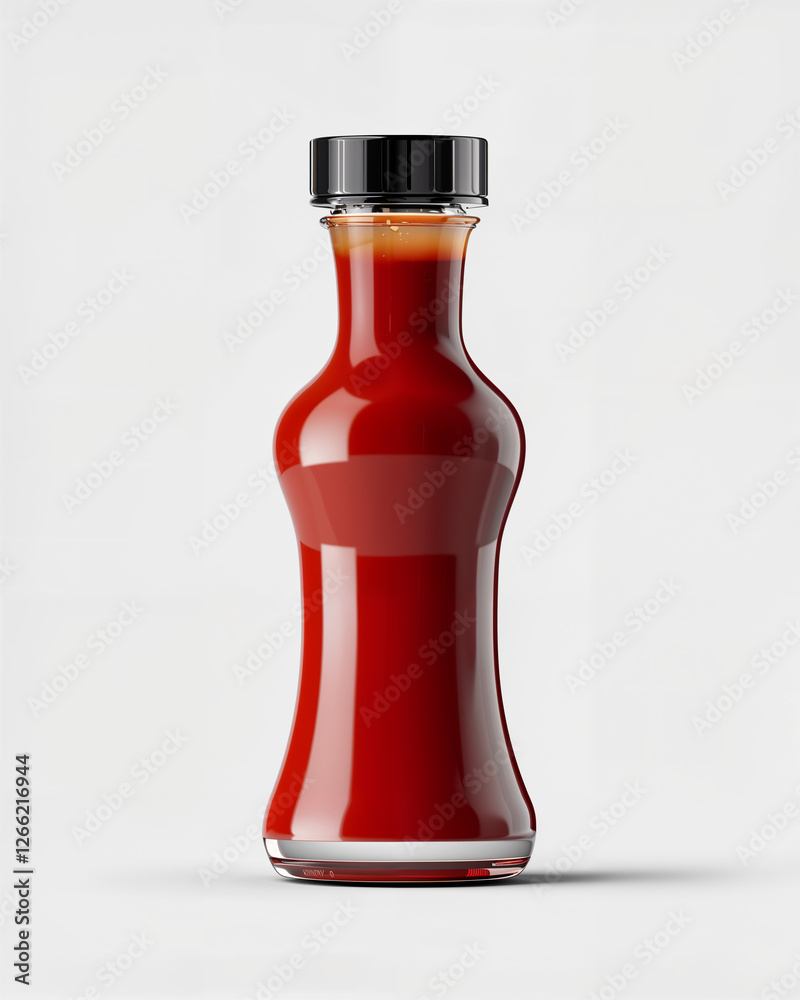 Unique glass bottle filled with rich red sauce on a plain white background showcasing a modern design Unique glass bottle filled with rich red sauce on a plain white background showcasing a modern design
