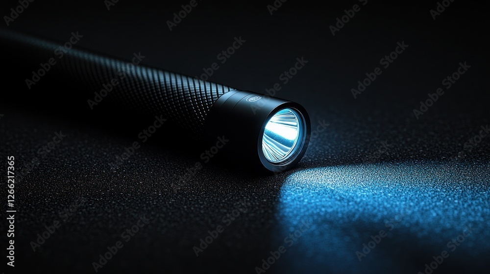 Black tactical flashlight illuminating dark surface Black tactical flashlight illuminating dark surface
