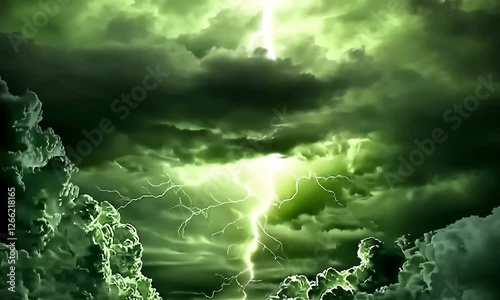 Green lightning storm sky; dramatic weather; atmospheric backdrop; ominous clouds; nature