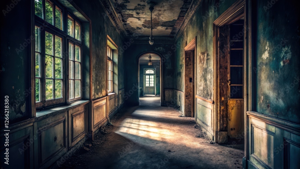 Dark corridor with a window in an old mansion, abandoned house, shadows, abandoned house Dark corridor with a window in an old mansion, abandoned house, shadows, abandoned house