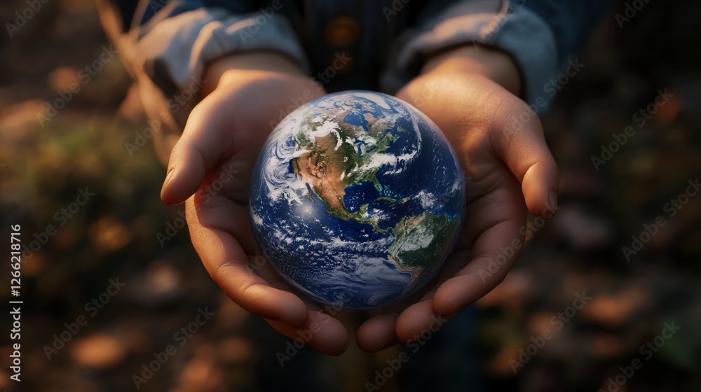 Individual Holds a Small Globe Symbolizing Environmental Awareness and Care for the Planet in a Natural Setting Individual Holds a Small Globe Symbolizing Environmental Awareness and Care for the Planet in a Natural Setting