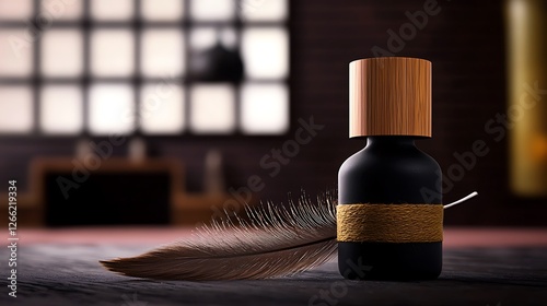 Elegant black ink bottle with wooden lid and feather on a rustic table, soft lighting ambiance