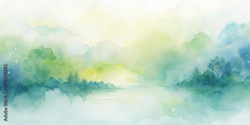 Fototapeta premium Serene Watercolor Landscape A Dreamlike Vista of Misty Trees and a Tranquil Horizon