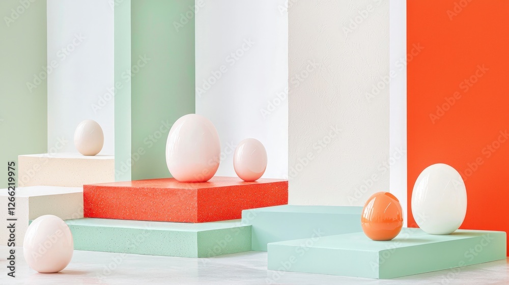 Abstract Geometric Still Life Pastel Eggs on Colorful Platforms Abstract Geometric Still Life Pastel Eggs on Colorful Platforms