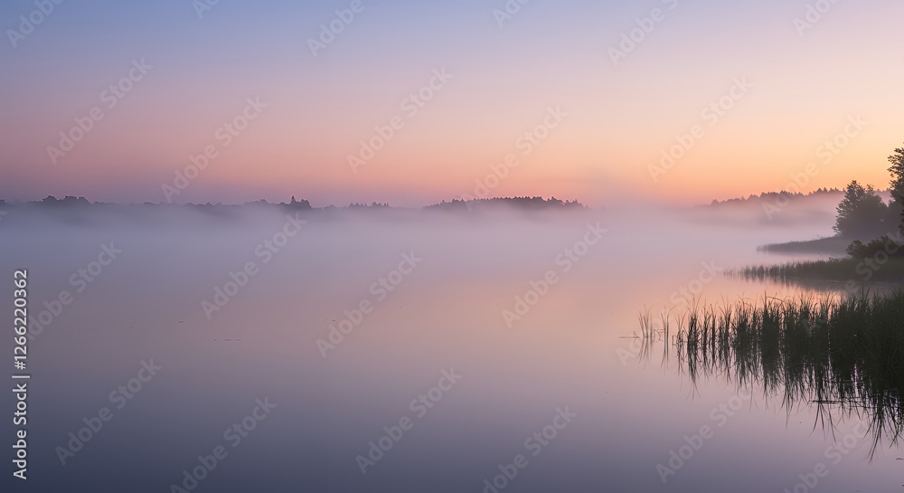 Foggy Lake Scenery at Dawn with Pastel Sky and Reeds Foggy Lake Scenery at Dawn with Pastel Sky and Reeds