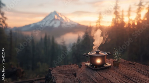 Serene Sunrise Camping  Cozy Pot  Mountain View  Tranquil Escape