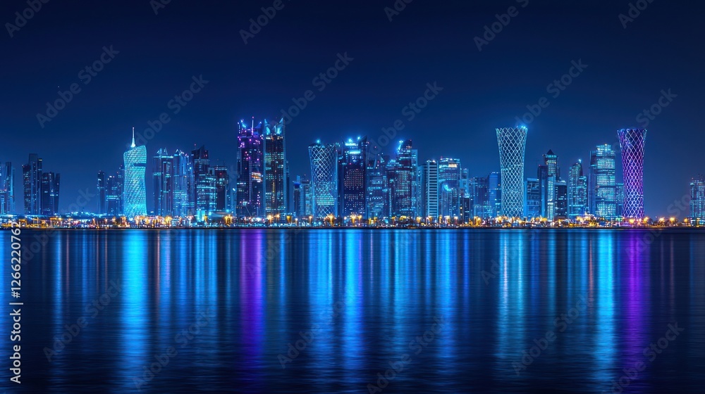 Fototapeta premium Night Lights of Doha Skyline: A mesmerizing view of the illuminated skyscrapers reflected in the tranquil waters.